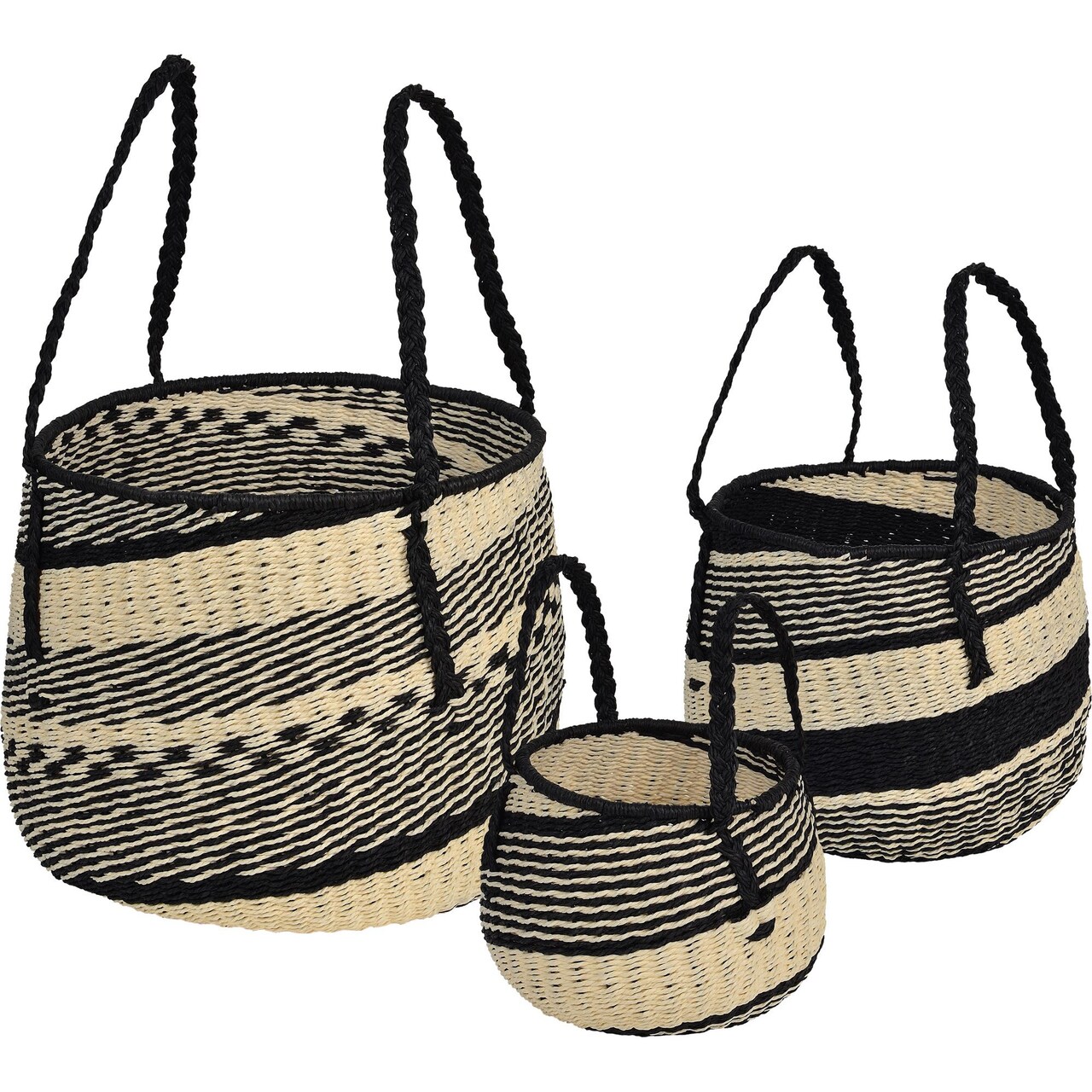 Signature Home Collection Set of 3 Cream White and Black Woven Storage Baskets 16"